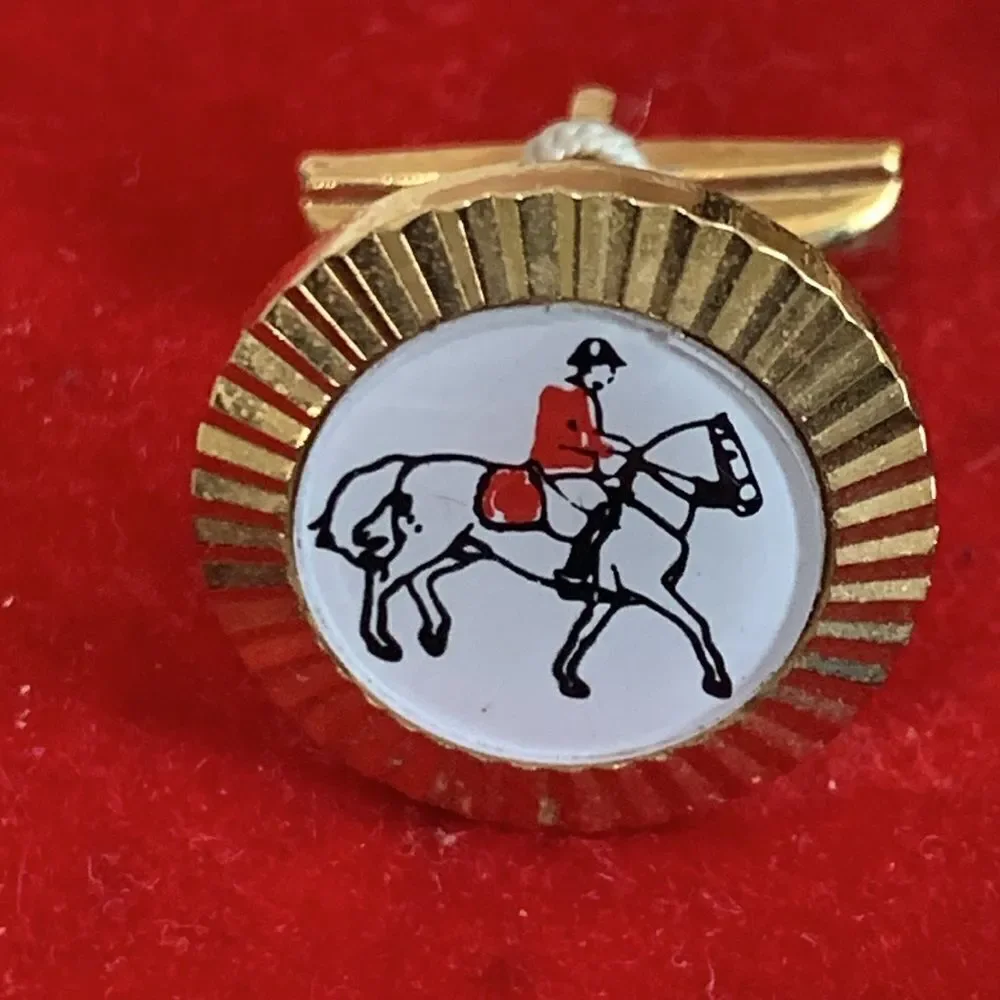 Vintage Equestrian Style Horse & Rider Gold Tone, Red, White‎ & Black Cuff Links